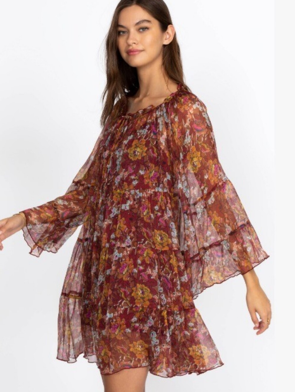 Johnny Was Daisy Floral Mini Dress in Burgundy, Mustard & Pink Size S